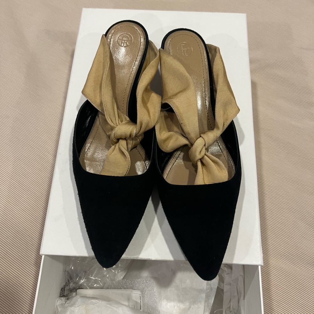 The Row Black and Tan Mules with Bow Detail